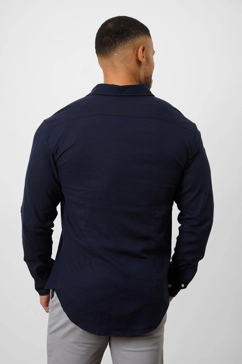 Linen Blend Button Through Shirt in Navy