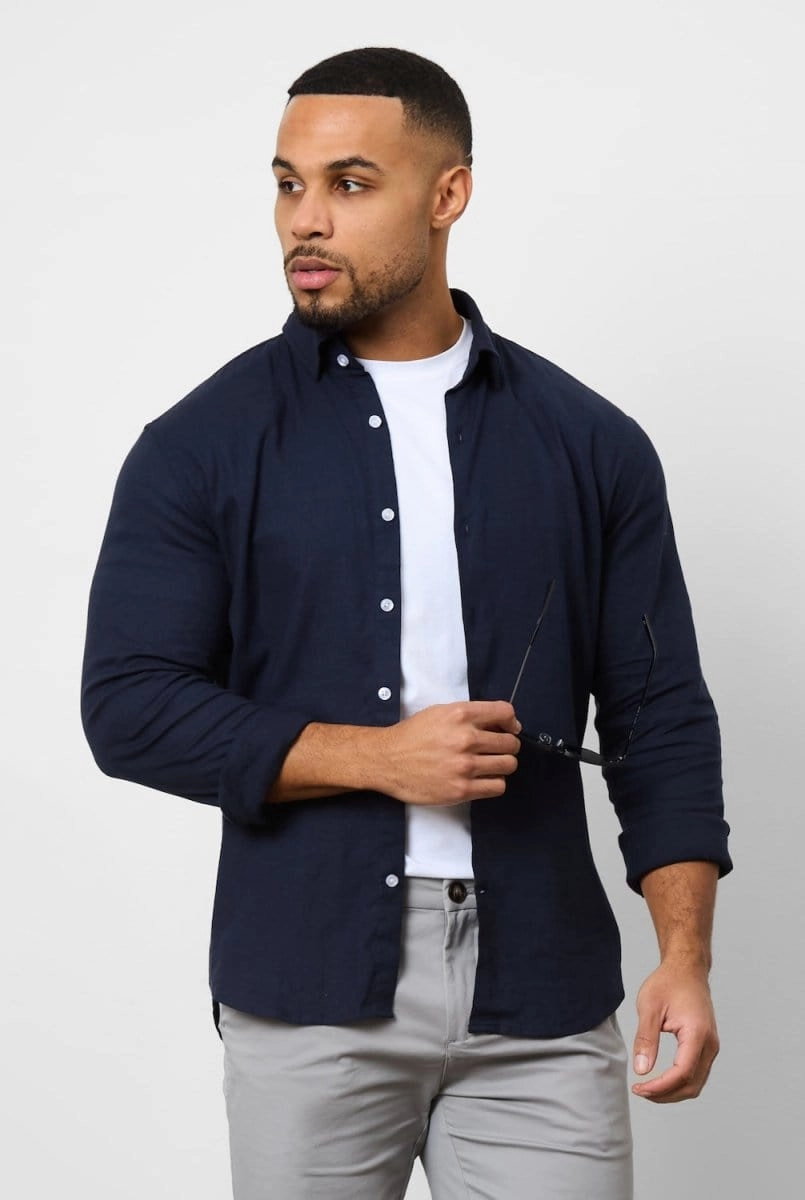 Linen Blend Button Through Shirt in Navy