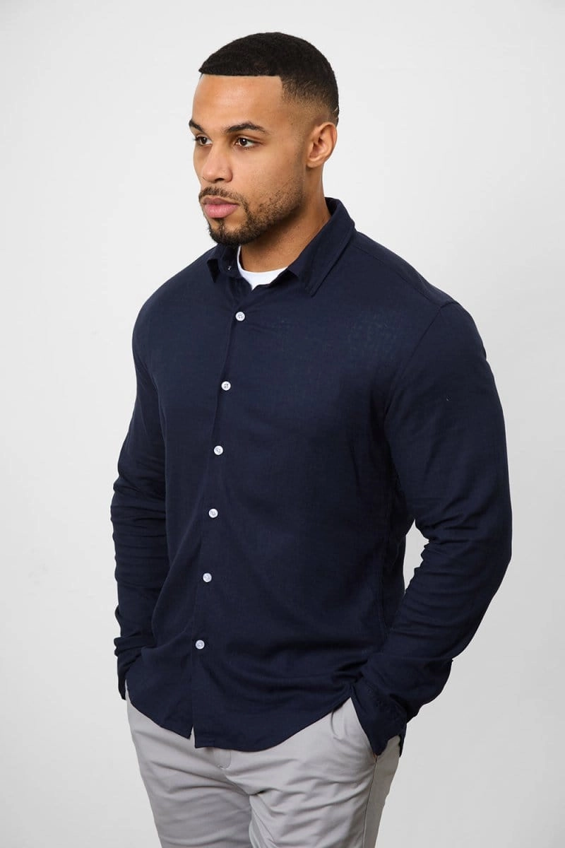 Linen Blend Button Through Shirt in Navy