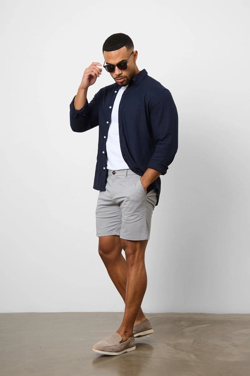 Linen Blend Button Through Shirt in Navy