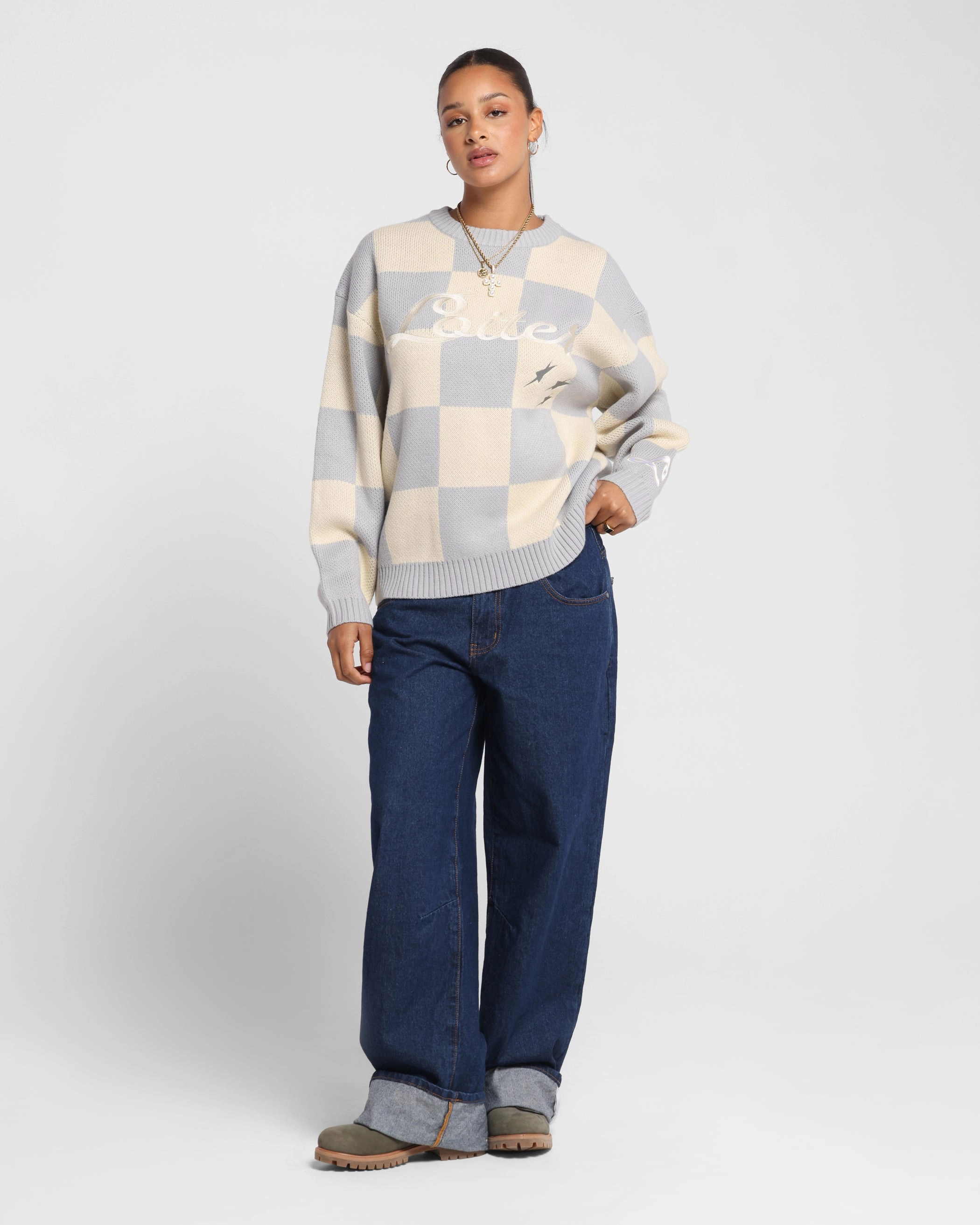 Loiter Checker Knit Sweater Grey/Off White