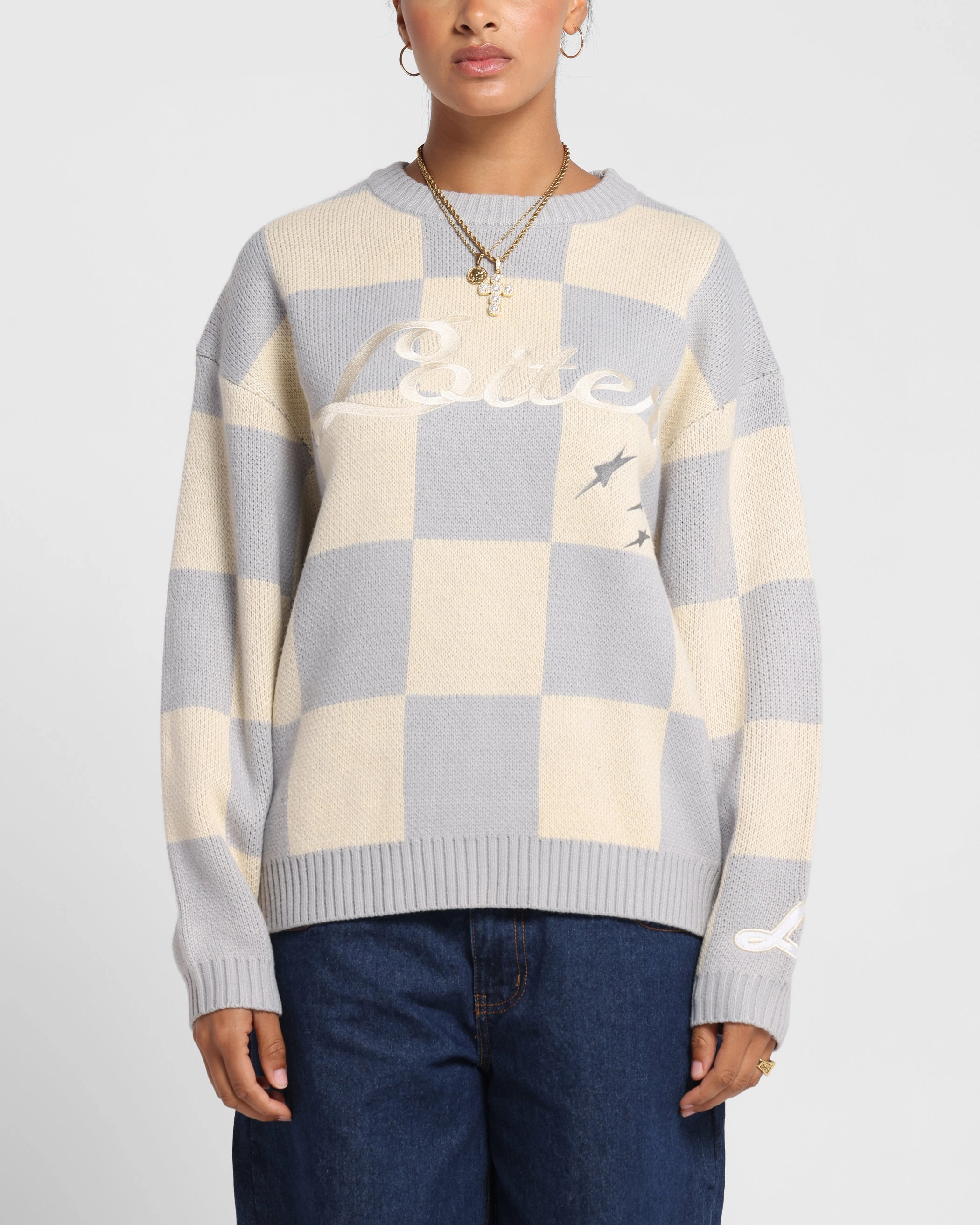 Loiter Checker Knit Sweater Grey/Off White