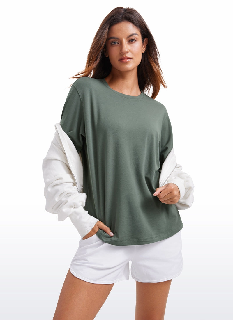 Pima Cotton Long Sleeve Loose Shirts Crew Neck