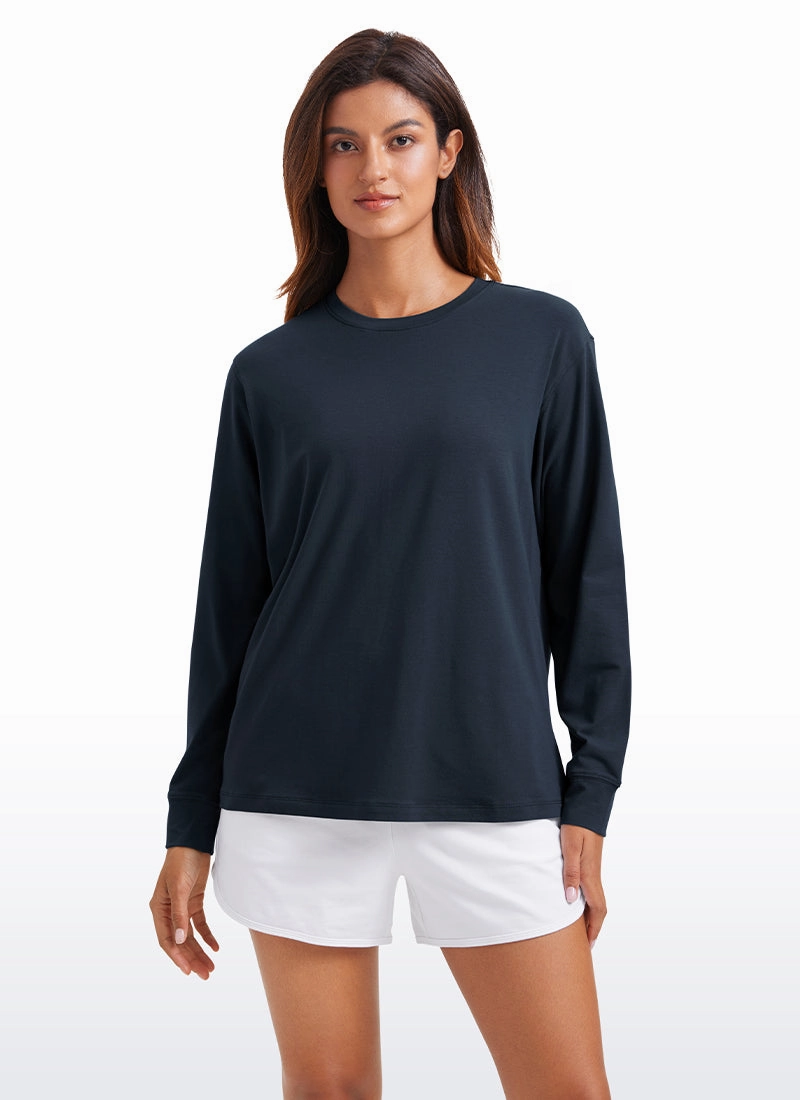 Pima Cotton Long Sleeve Loose Shirts Crew Neck