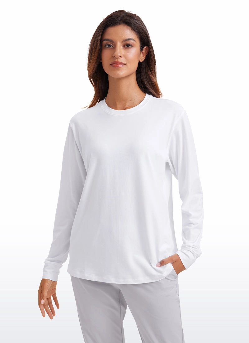 Pima Cotton Long Sleeve Loose Shirts Crew Neck