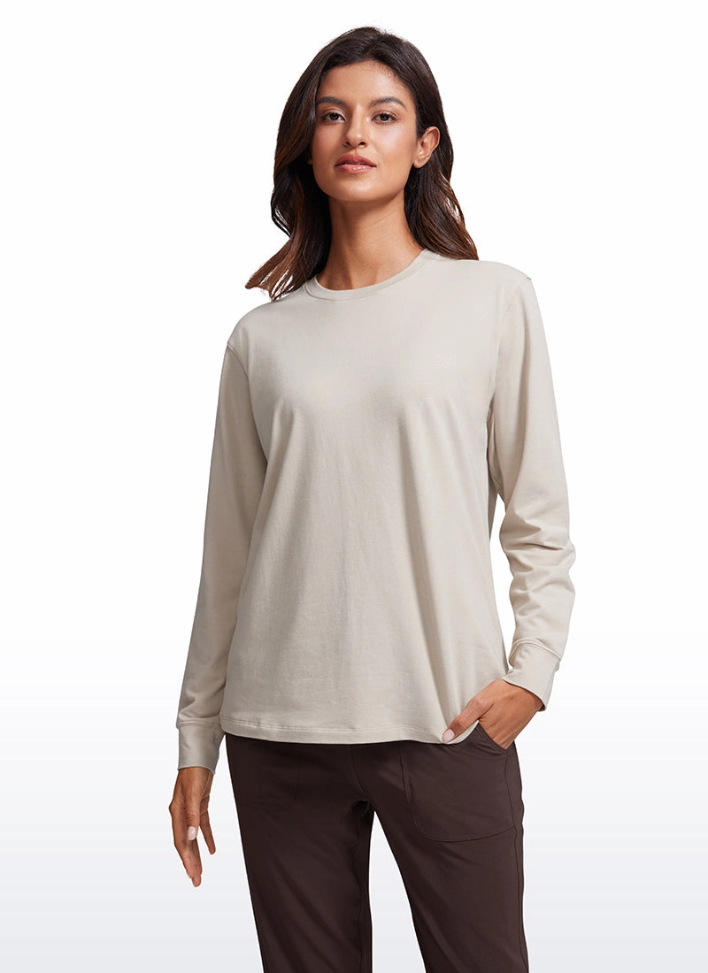 Pima Cotton Long Sleeve Loose Shirts Crew Neck