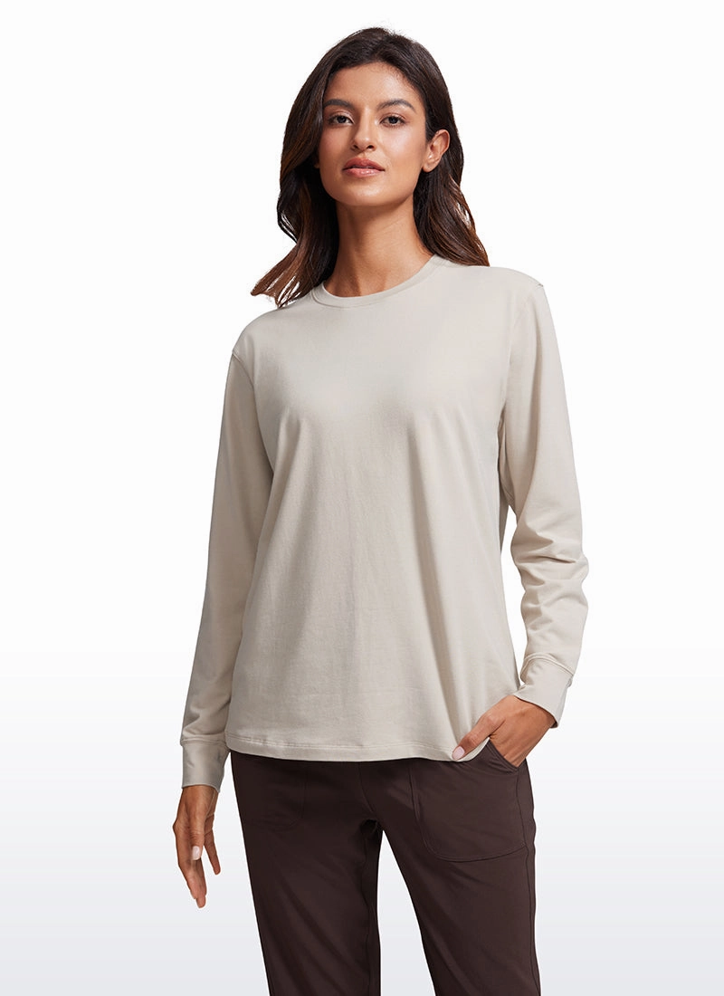 Pima Cotton Long Sleeve Loose Shirts Crew Neck