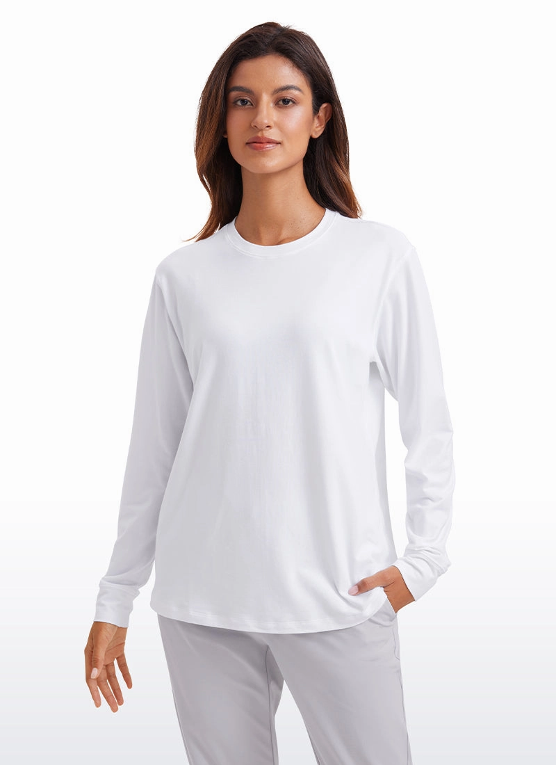 Pima Cotton Long Sleeve Loose Shirts Crew Neck