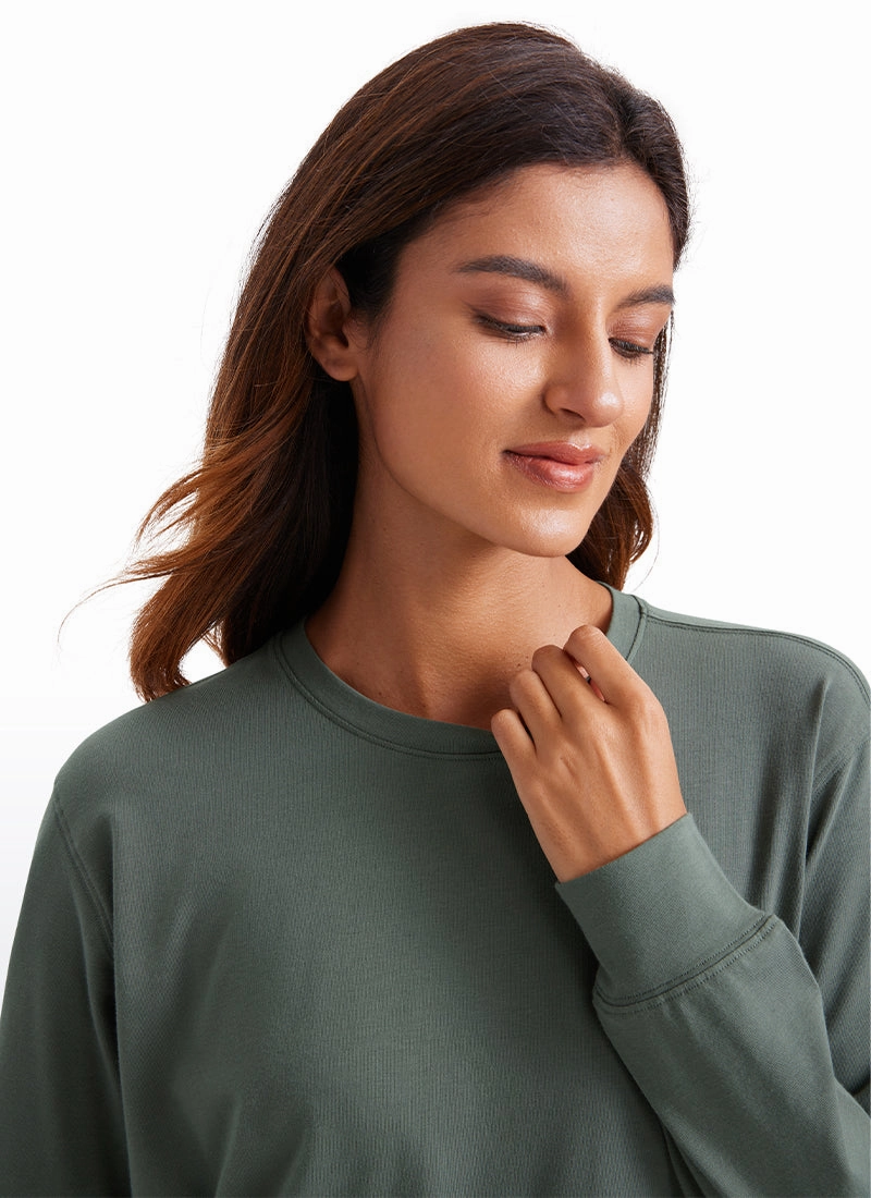 Pima Cotton Long Sleeve Loose Shirts Crew Neck