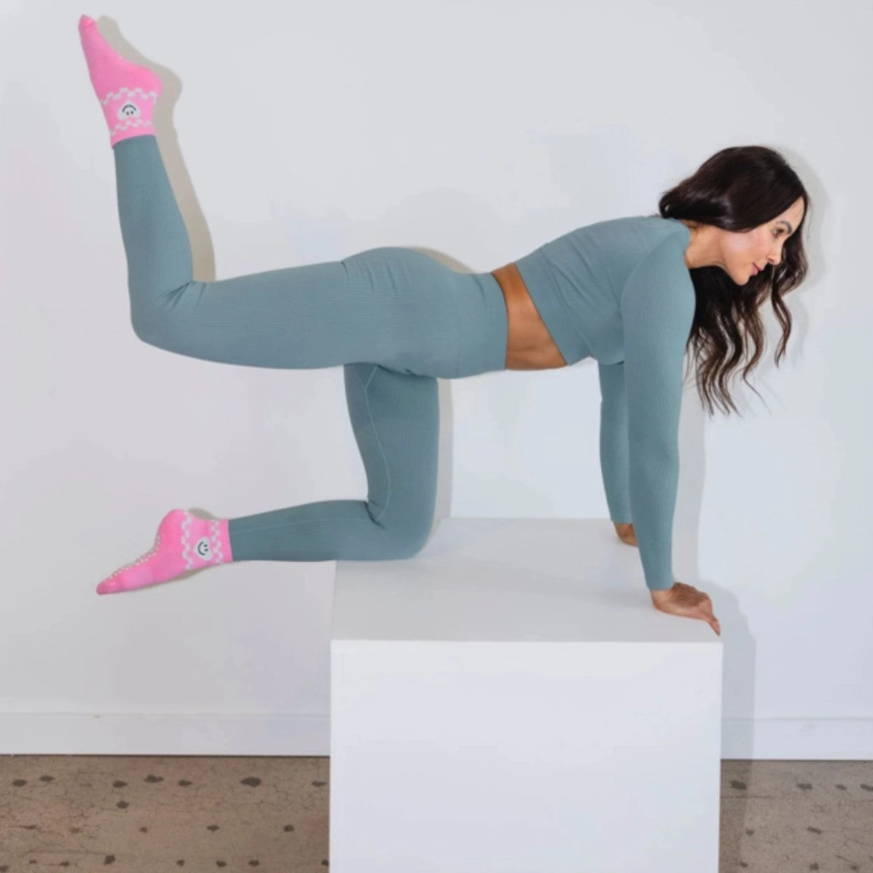 Pink Smiley - Crew Grip Sock (Barre / Pilates)