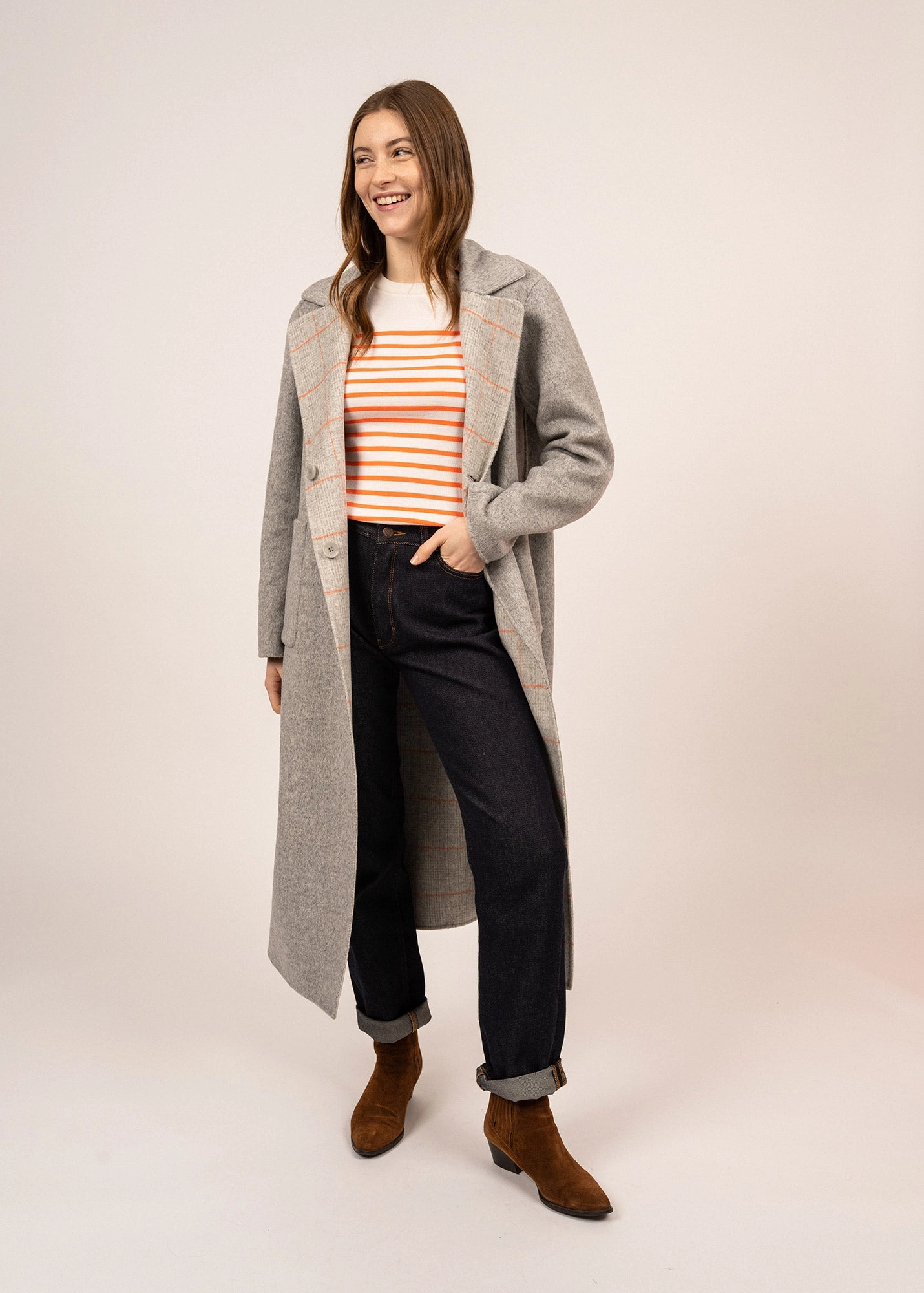 ST LOUISA - Reversible Dress Coat for Women (GREY / ORANGE)