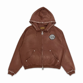 Studded Boxy Zip Hoodie Brown