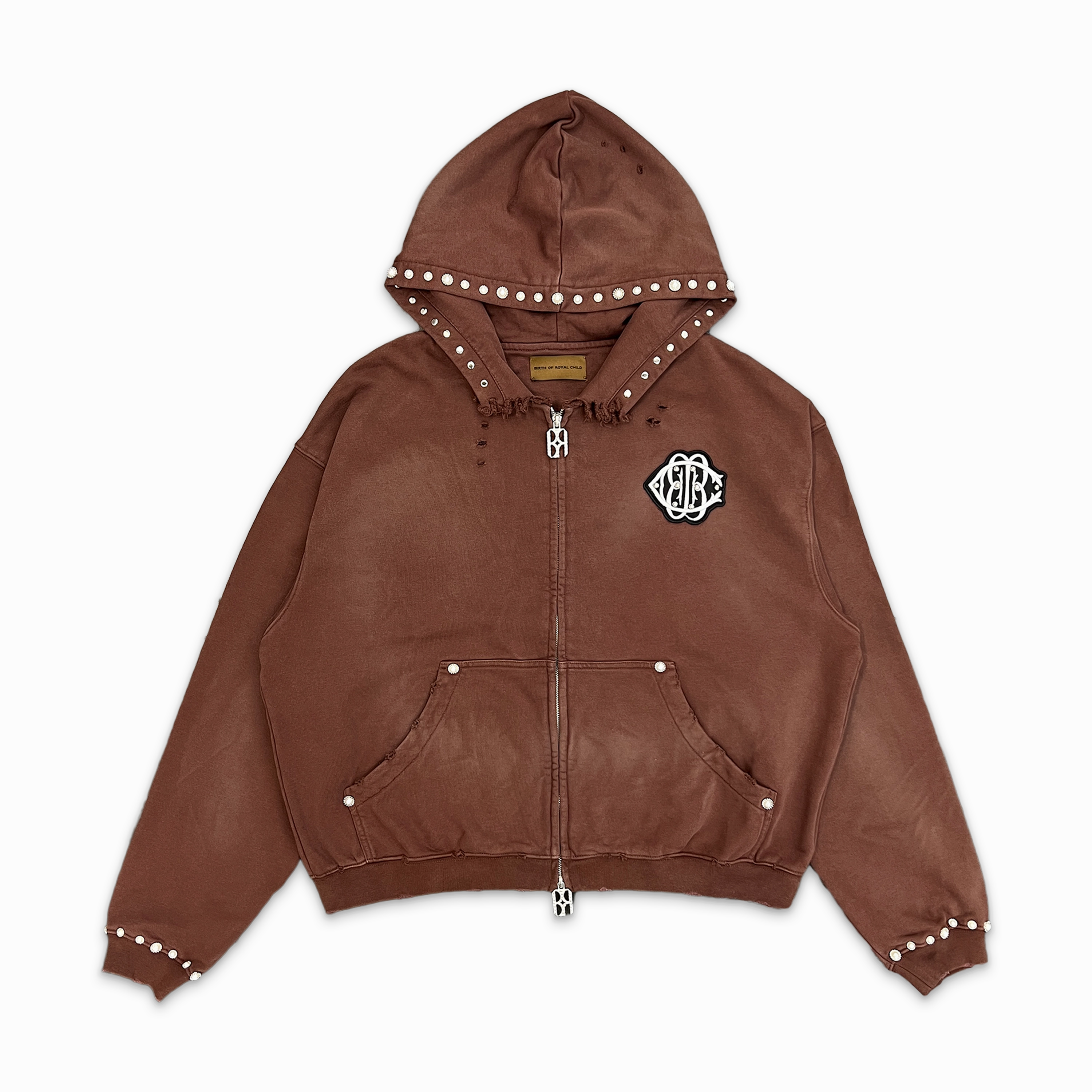 Studded Boxy Zip Hoodie Brown