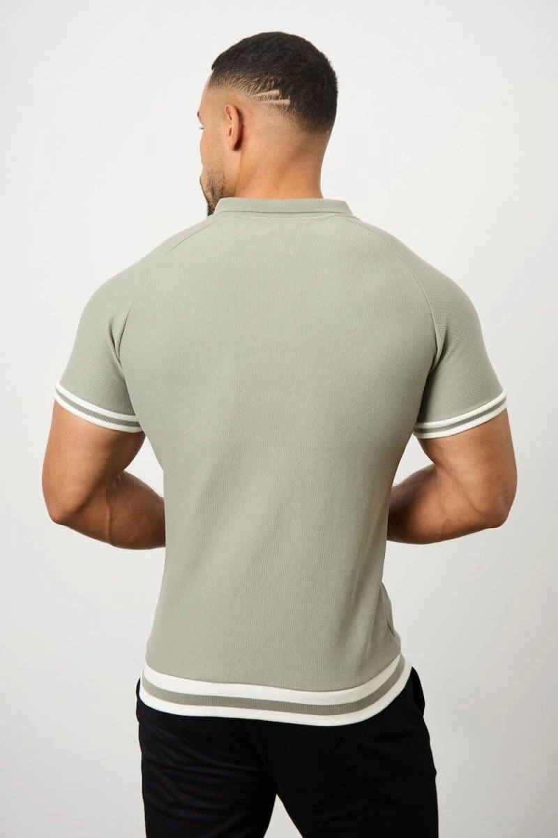 Tipped Textured Open Collar Polo Shirt in Soft Khaki