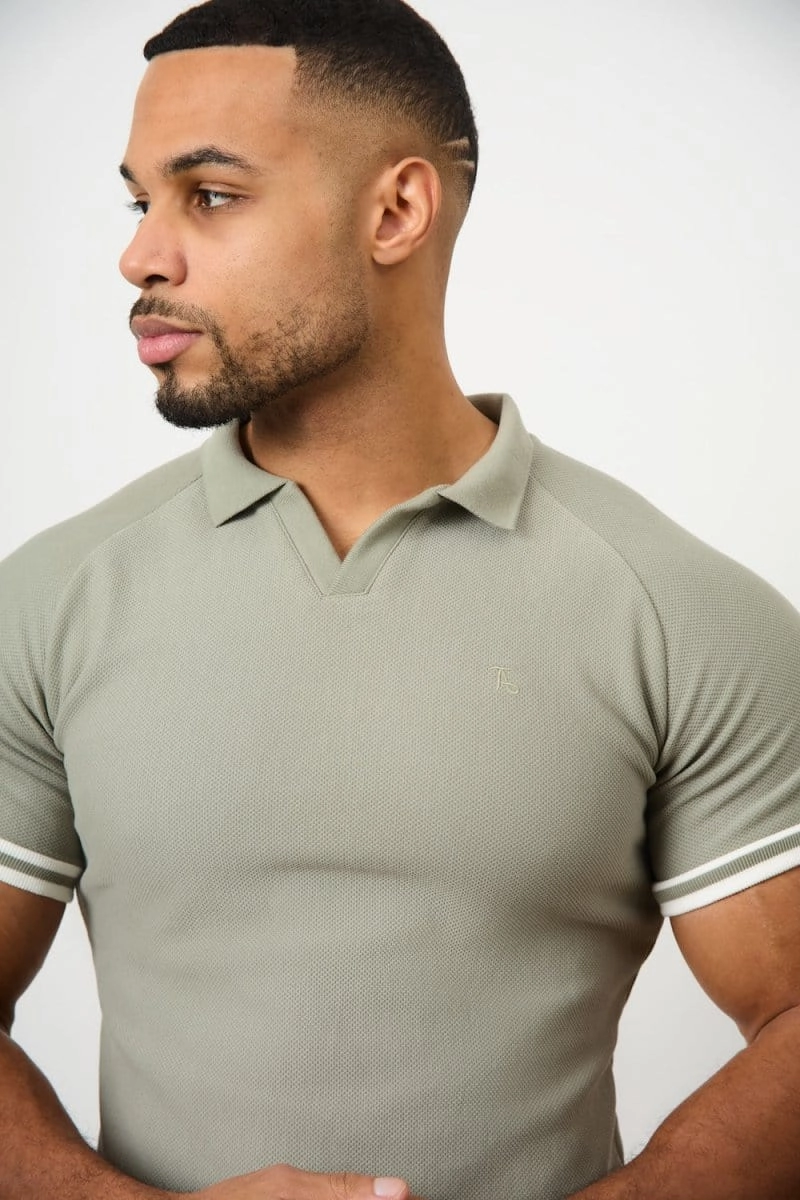 Tipped Textured Open Collar Polo Shirt in Soft Khaki