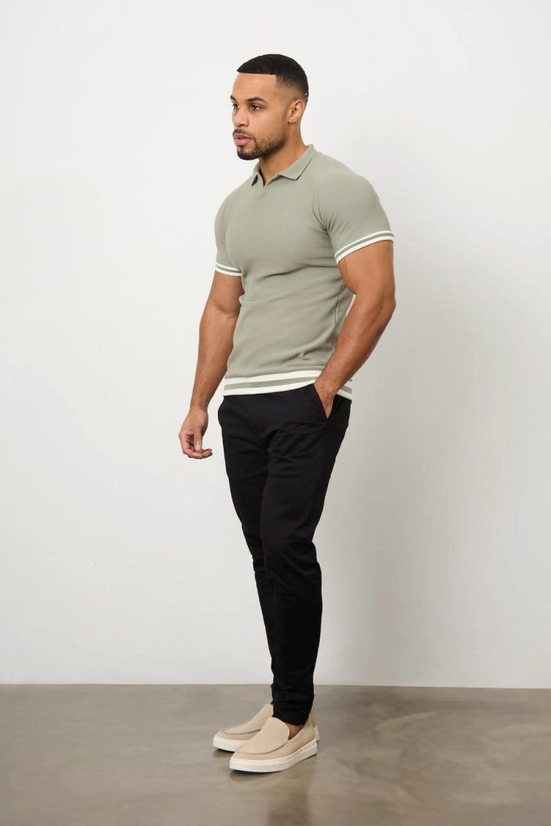 Tipped Textured Open Collar Polo Shirt in Soft Khaki