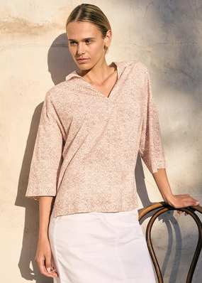 TORY - Popover Blouse with Gathered Neckline and Flared Sleeves (WHITE / TERRACOTTA)