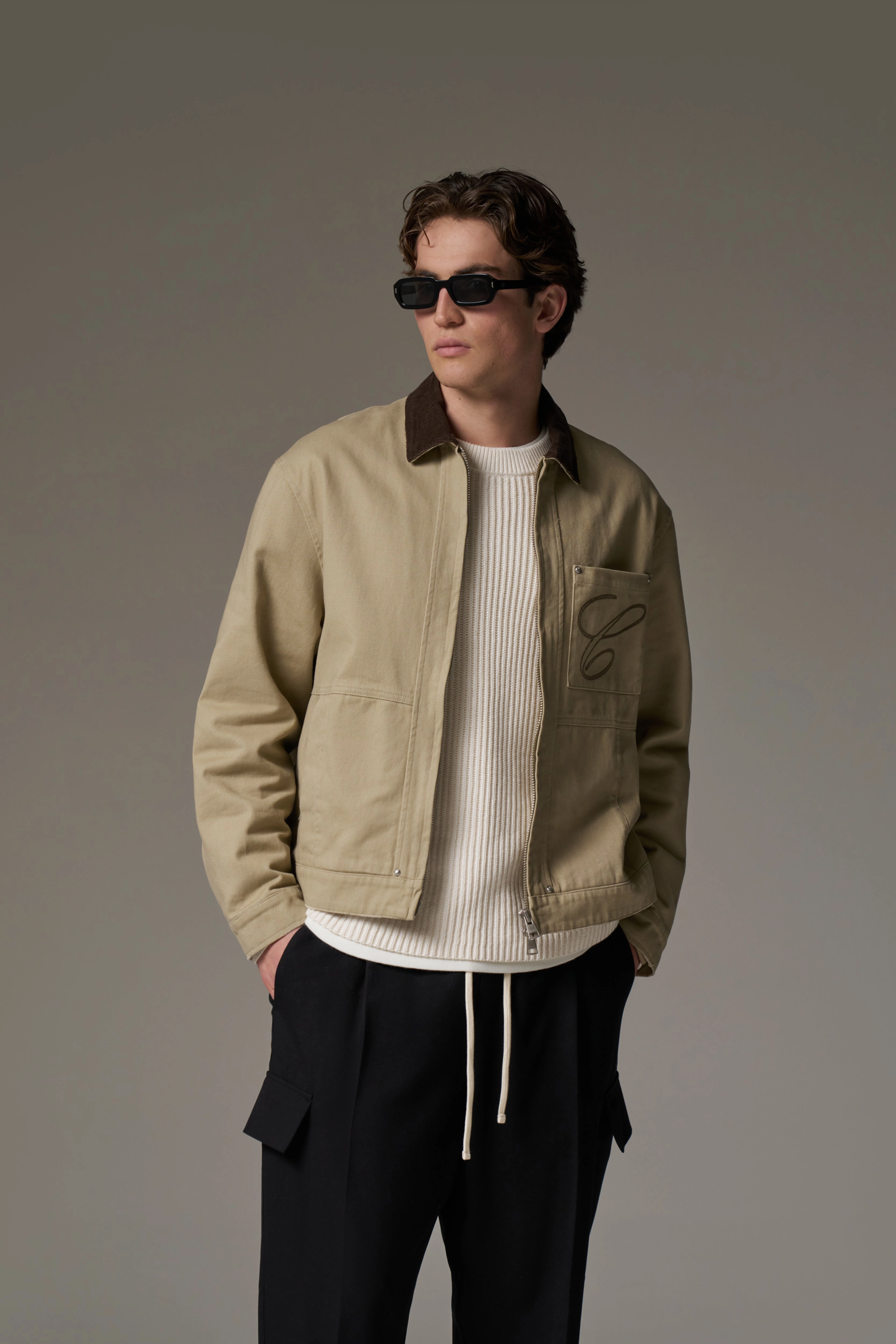 TWILL CONTRAST COLLAR JACKET - BEIGE