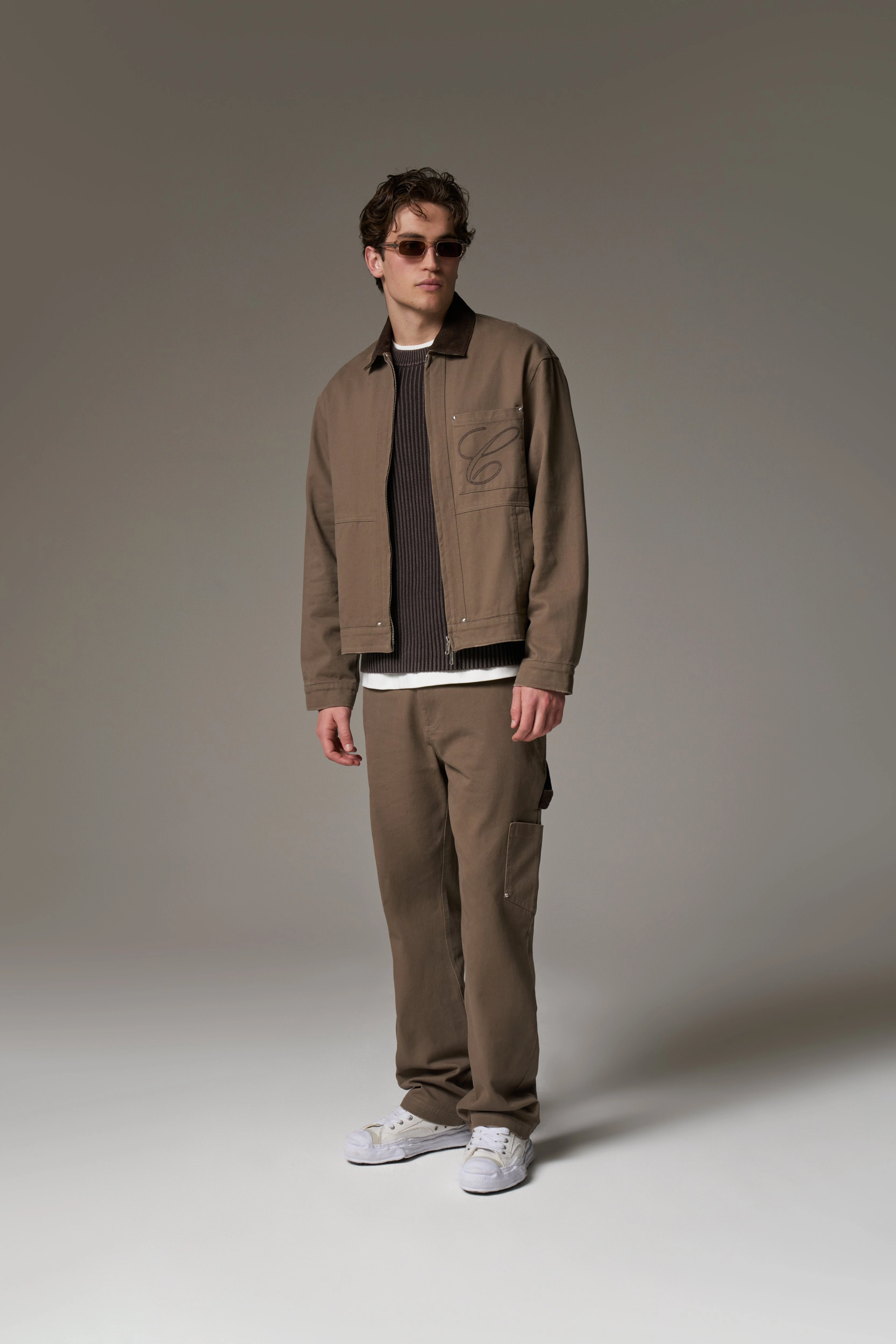 TWILL CONTRAST COLLAR JACKET - WASHED BROWN