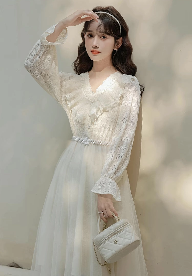 V-Neck Lace & Tulle Midi Dress (2 Colors)