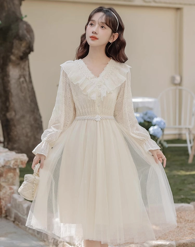 V-Neck Lace & Tulle Midi Dress (2 Colors)