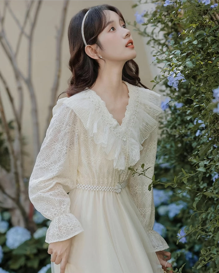 V-Neck Lace & Tulle Midi Dress (2 Colors)