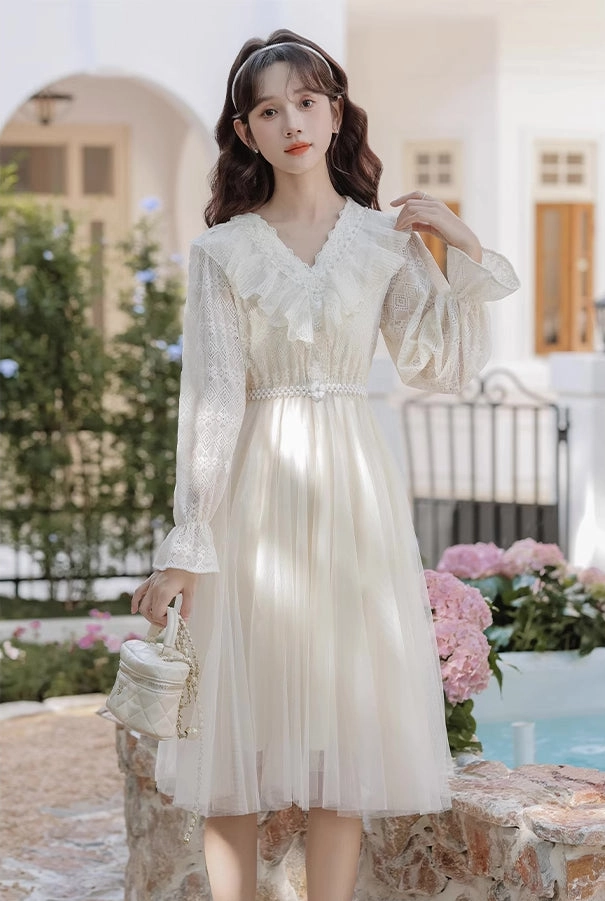 V-Neck Lace & Tulle Midi Dress (2 Colors)
