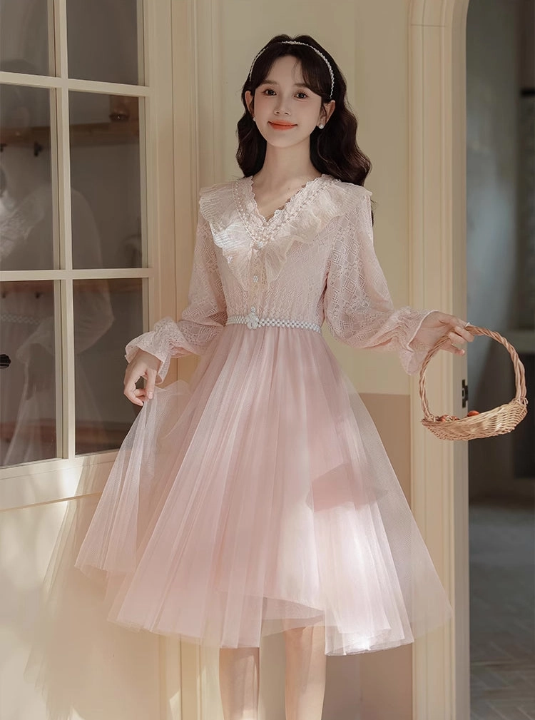 V-Neck Lace & Tulle Midi Dress (2 Colors)