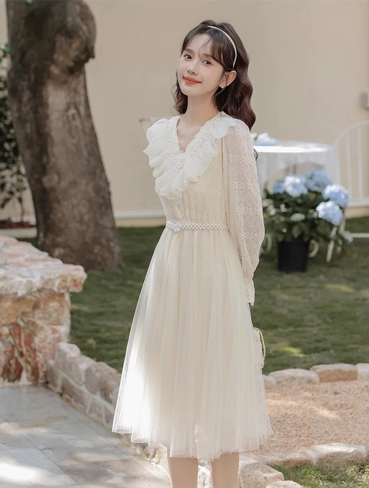 V-Neck Lace & Tulle Midi Dress (2 Colors)