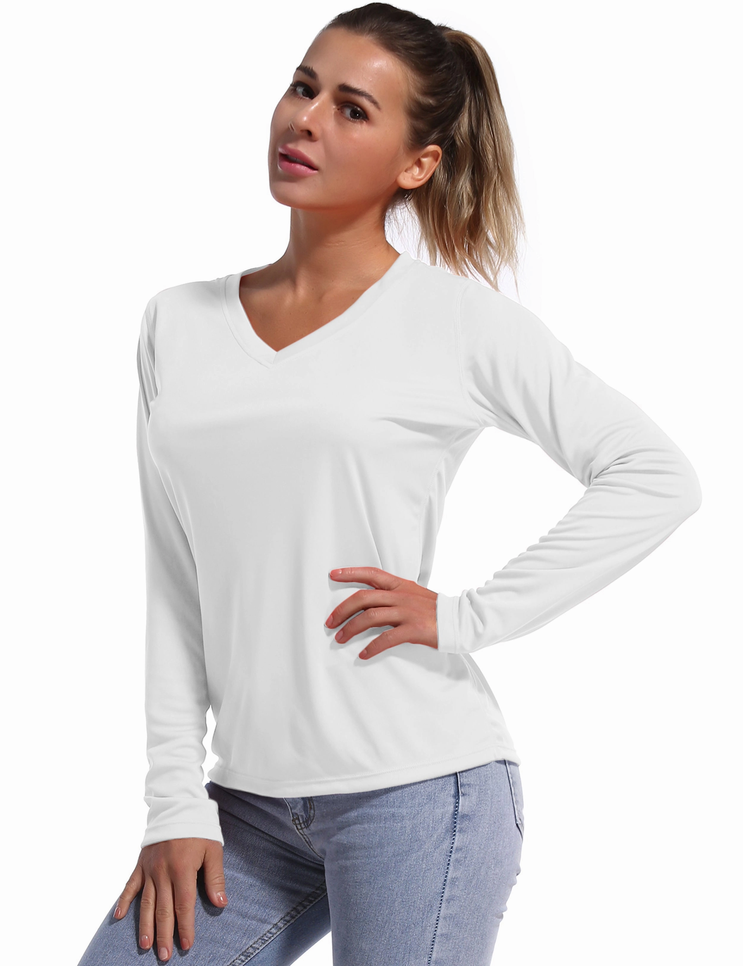 V Neck Long Sleeve Athletic Shirts white_Golf