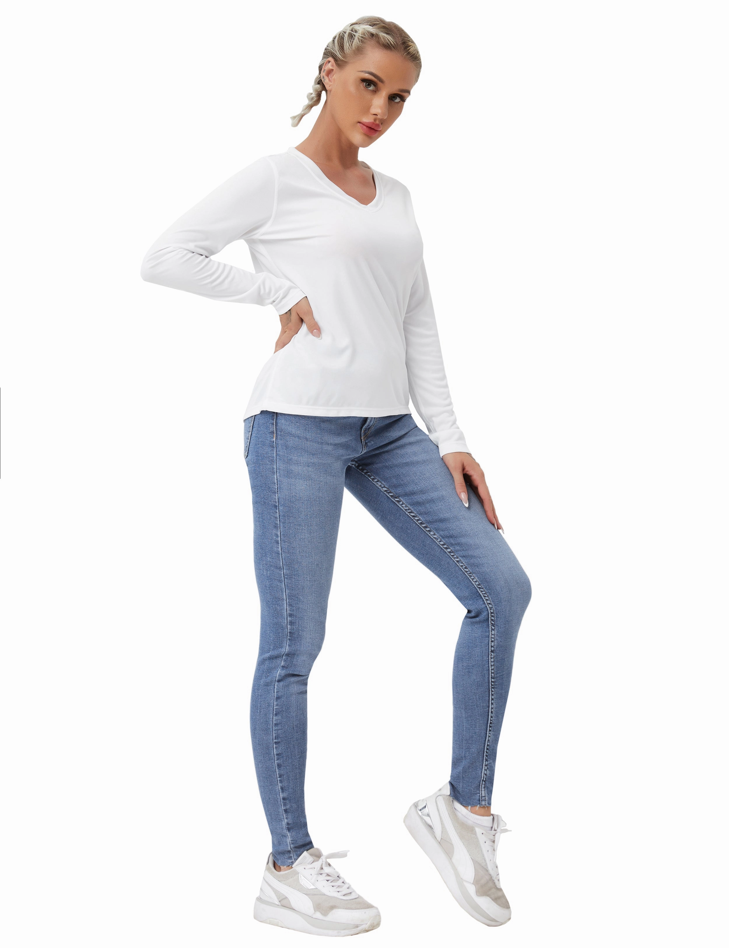 V Neck Long Sleeve Athletic Shirts white