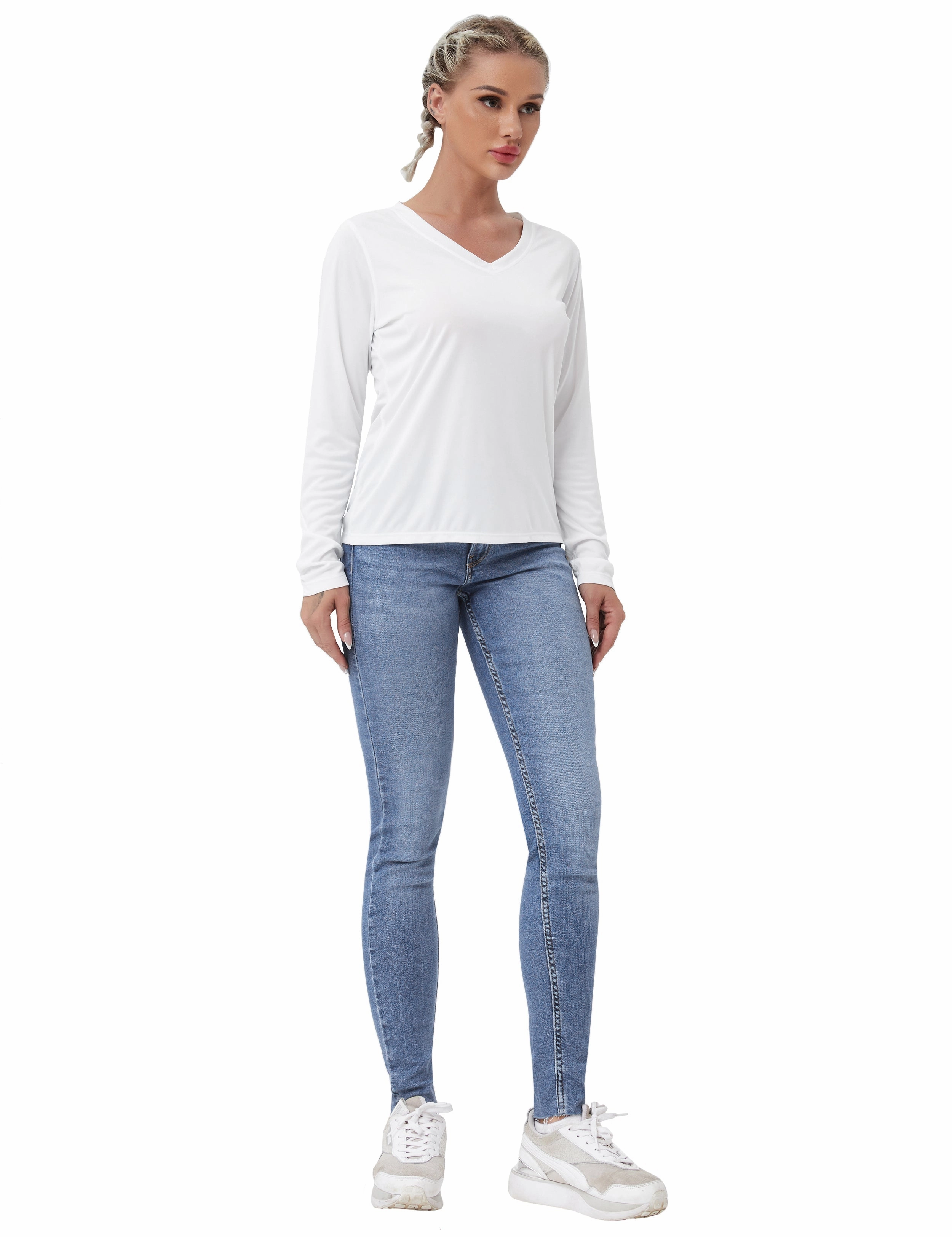 V Neck Long Sleeve Athletic Shirts white_Jogging