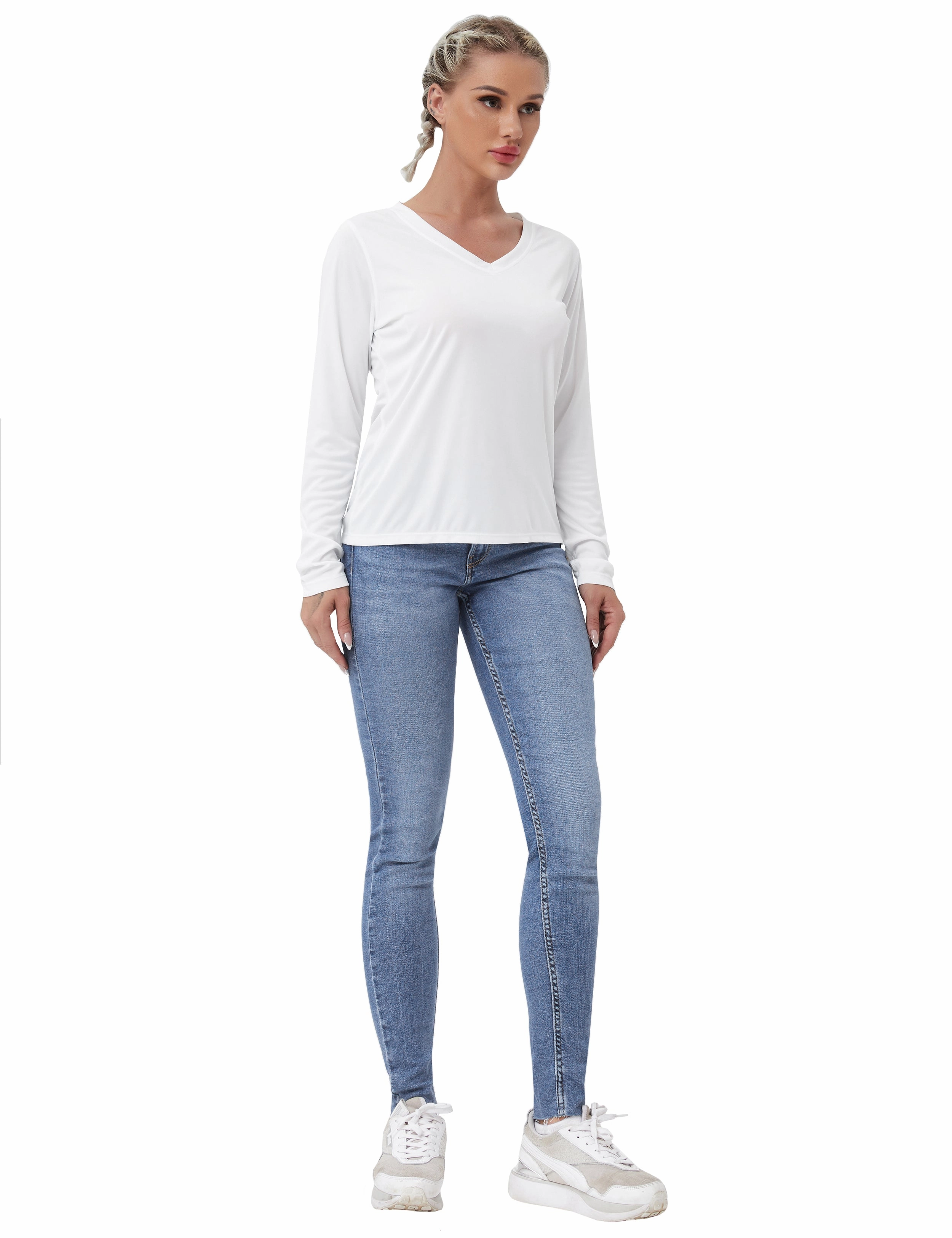 V Neck Long Sleeve Athletic Shirts white