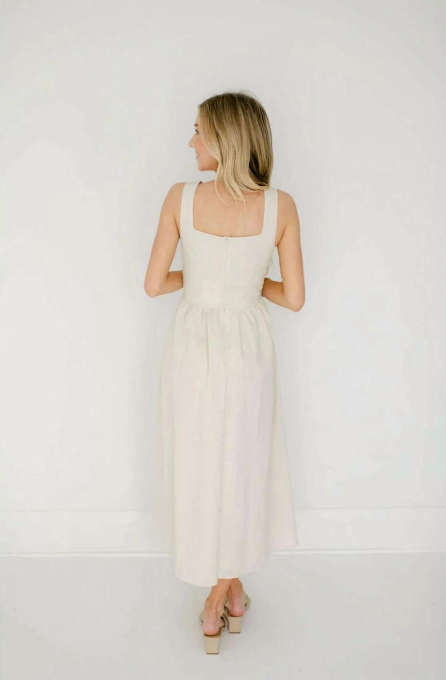 Victoria Linen Tie Front Midi Dress In Oatmeal