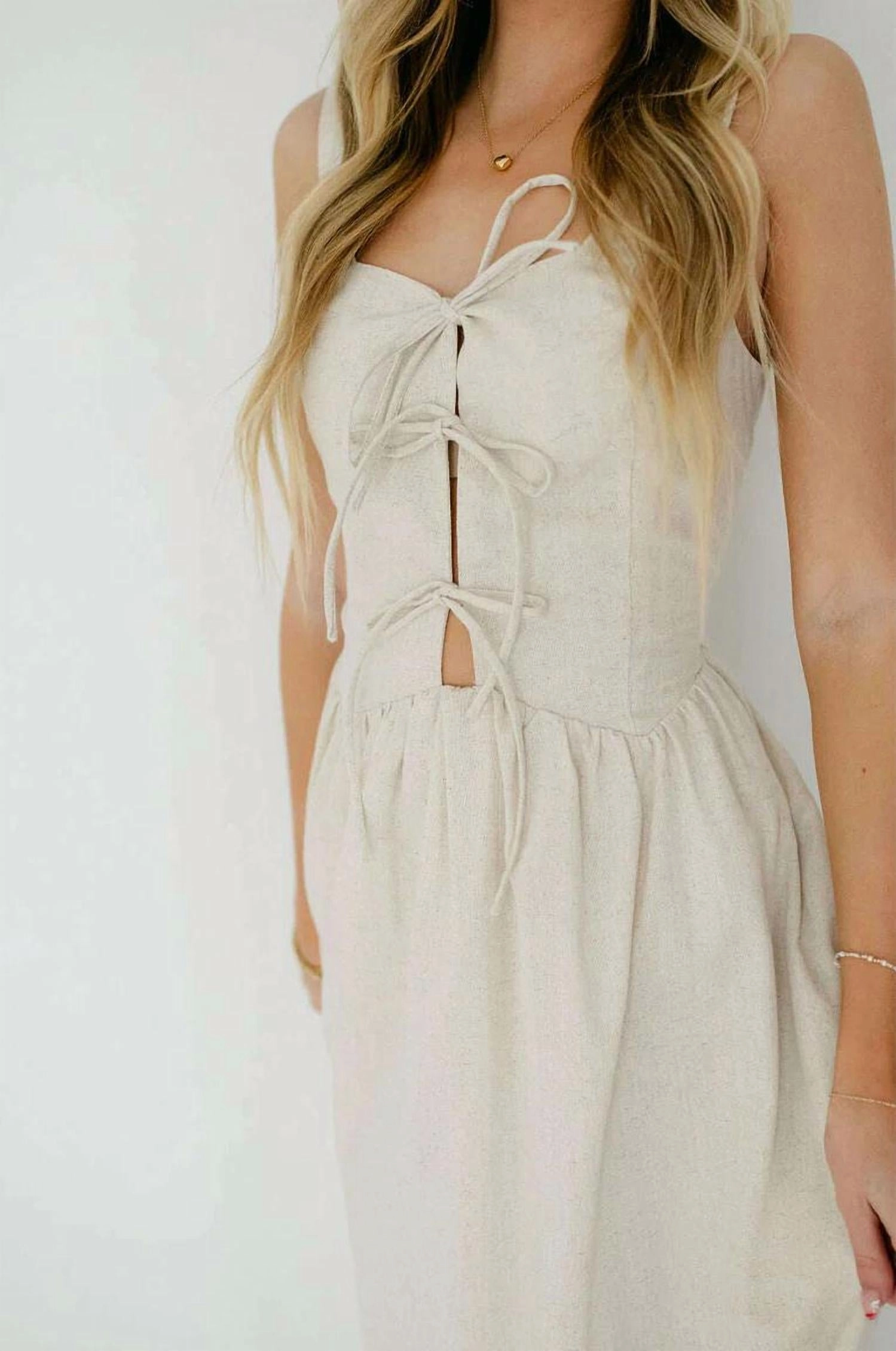 Victoria Linen Tie Front Midi Dress In Oatmeal