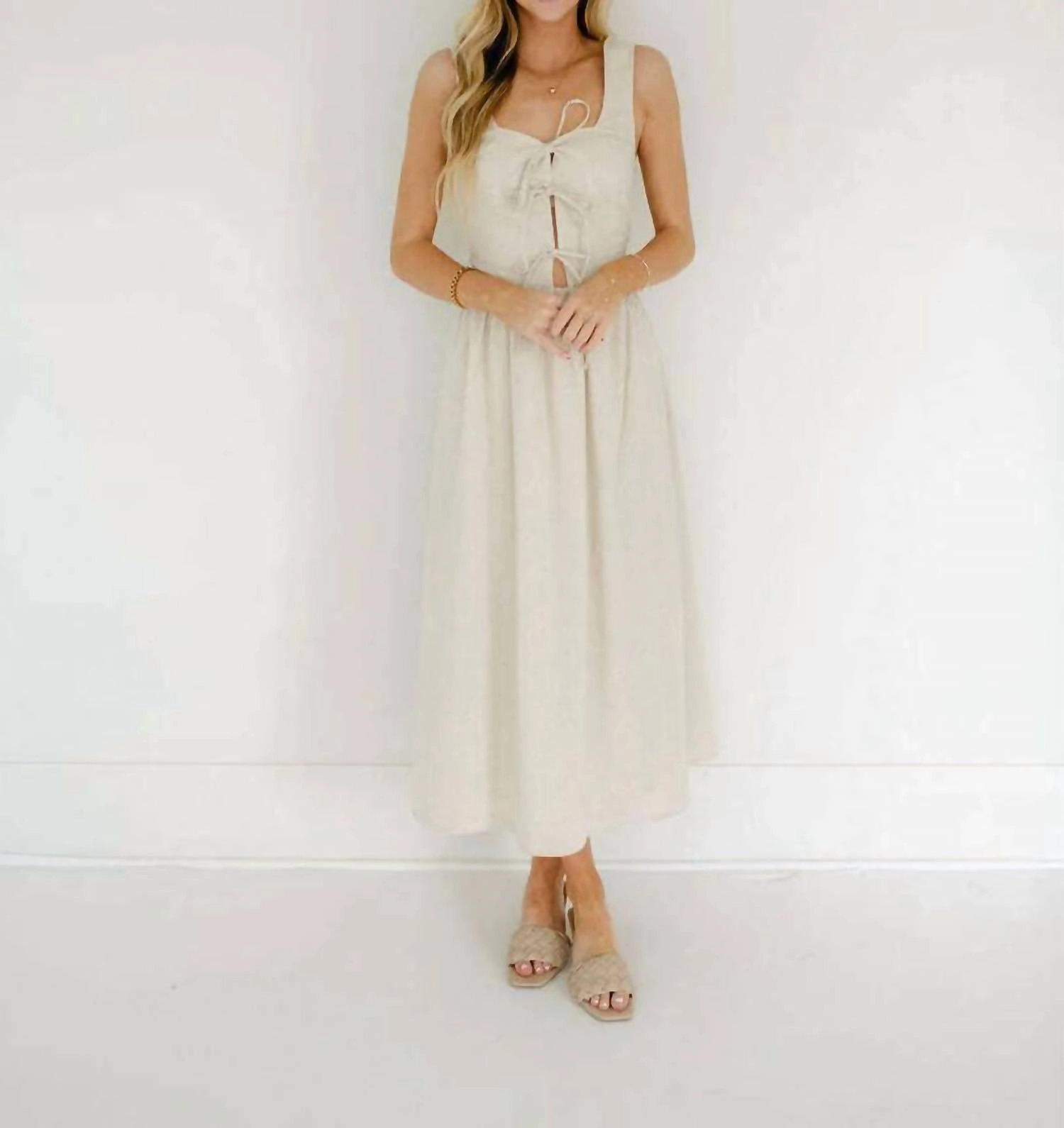Victoria Linen Tie Front Midi Dress In Oatmeal