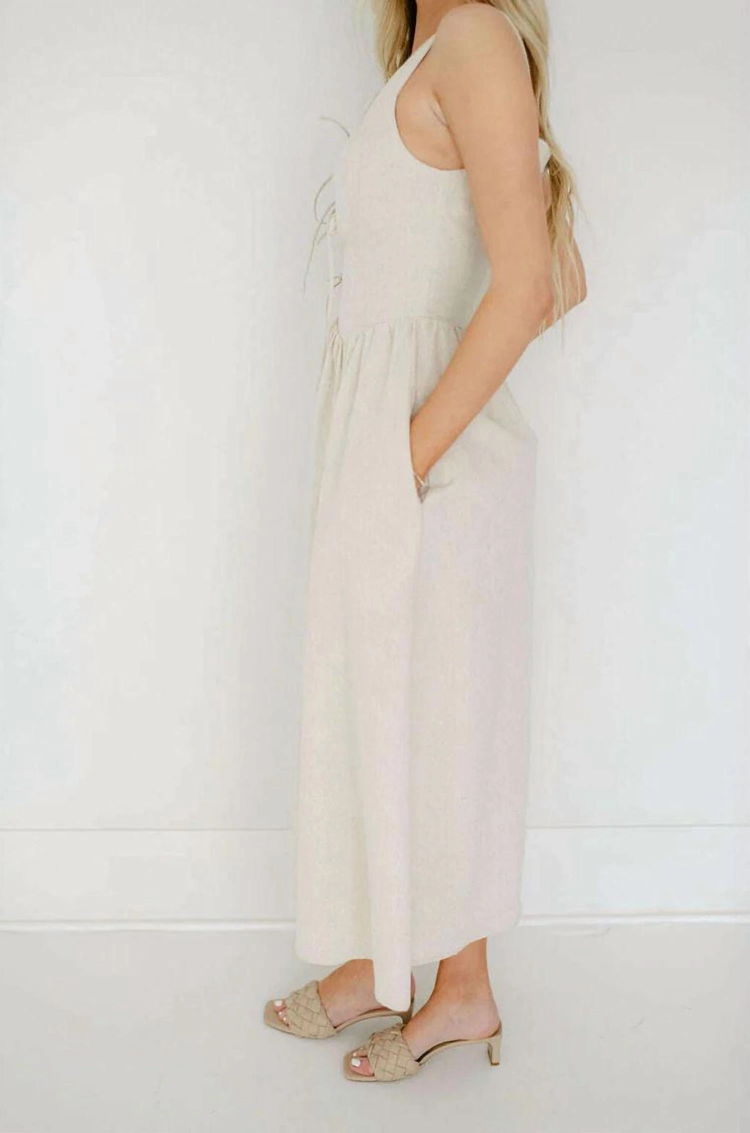 Victoria Linen Tie Front Midi Dress In Oatmeal