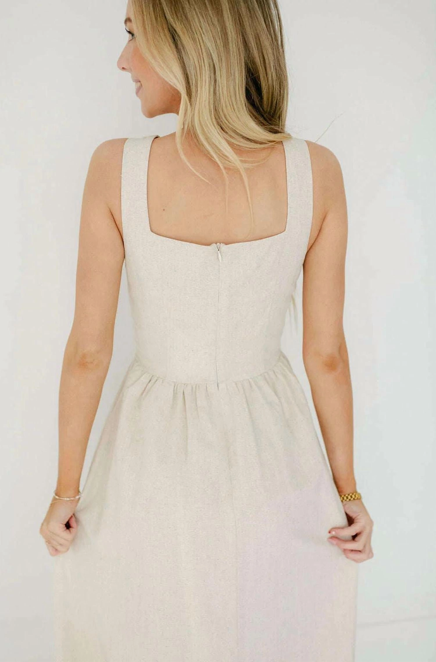 Victoria Linen Tie Front Midi Dress In Oatmeal