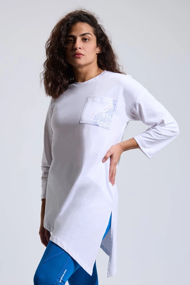 White Abstract Oversized LS Tee