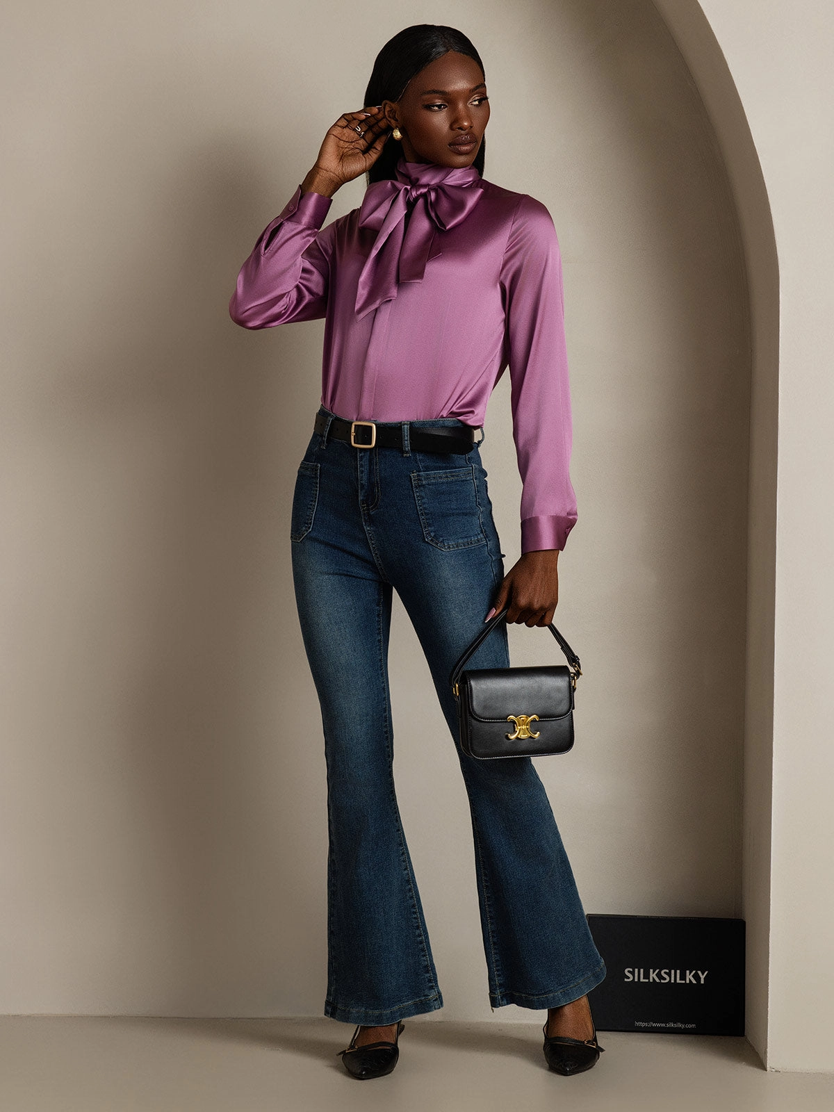 Women's 19 Momme Silk Classic Tie Neck Shirt