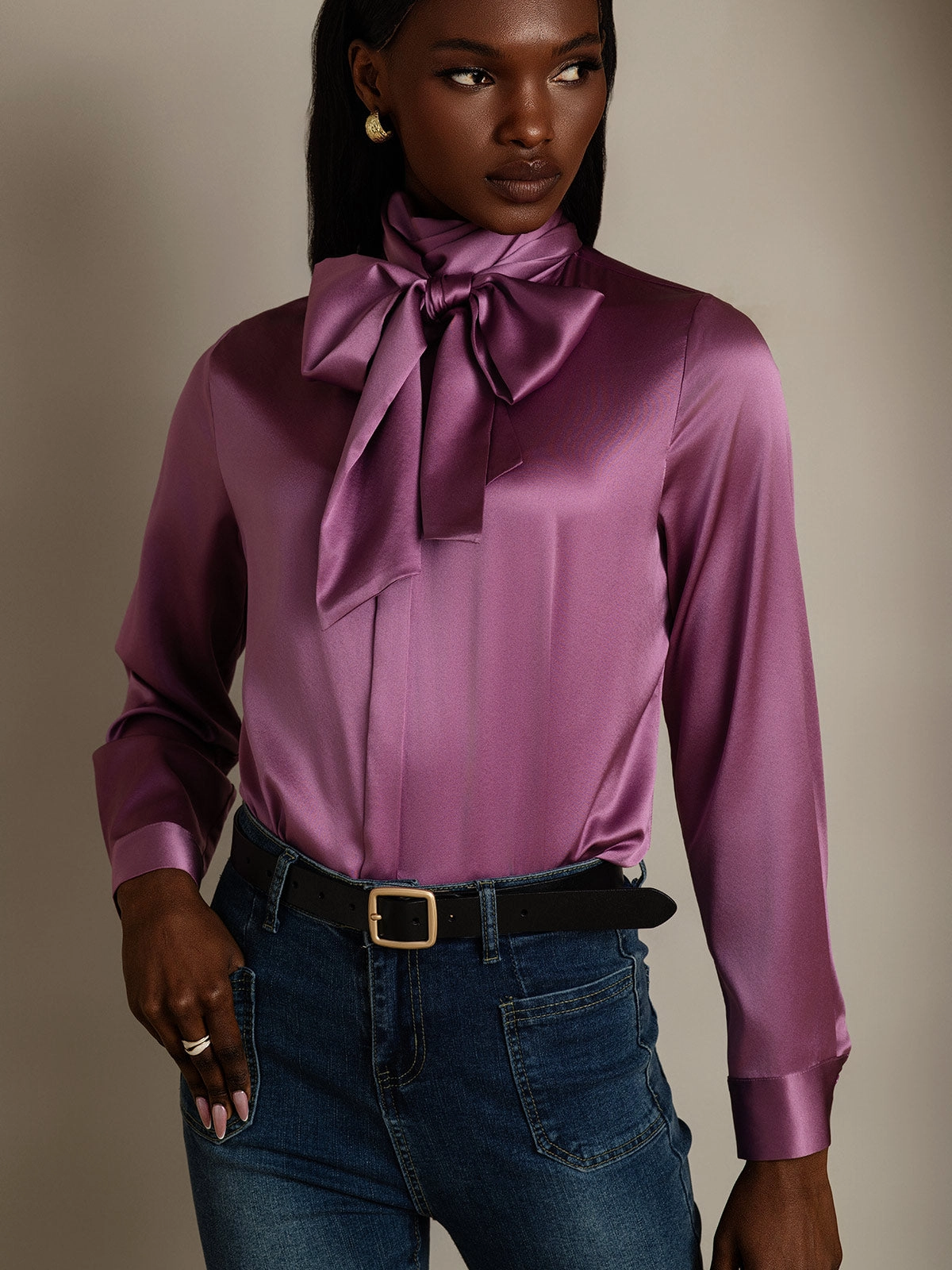 Women's 19 Momme Silk Classic Tie Neck Shirt