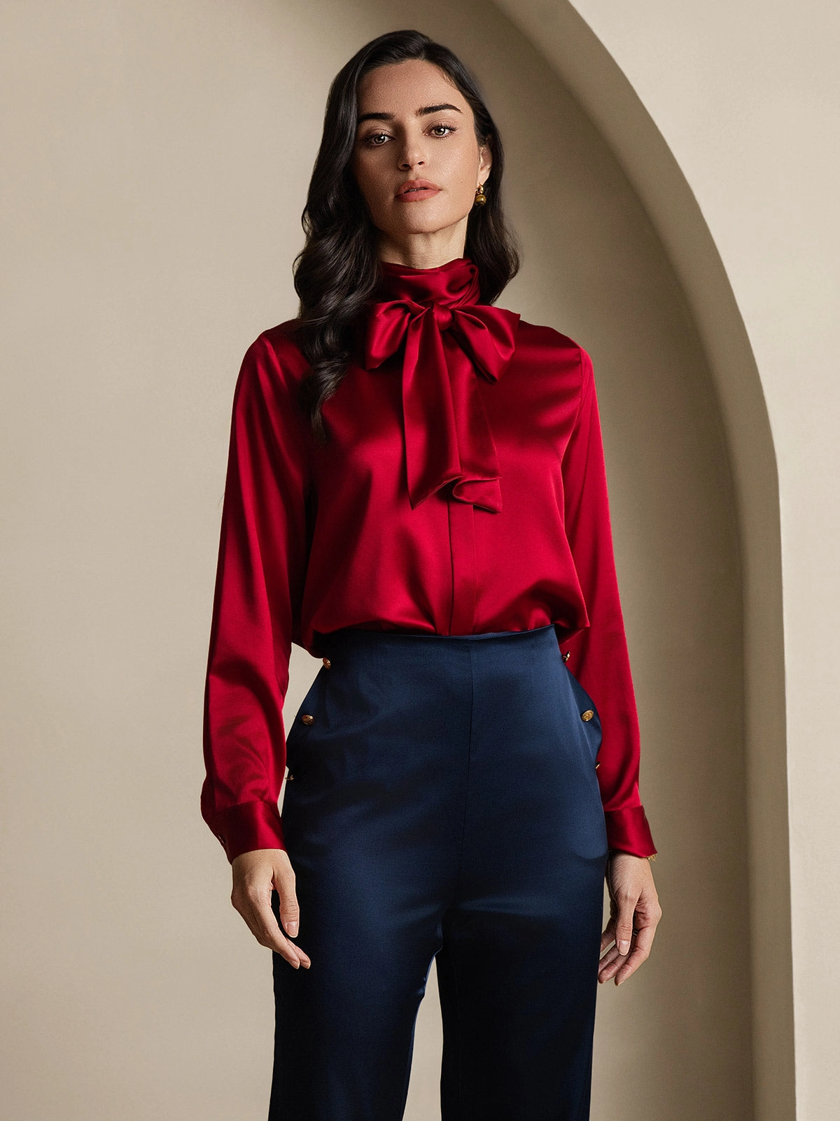 Women's 19 Momme Silk Classic Tie Neck Shirt