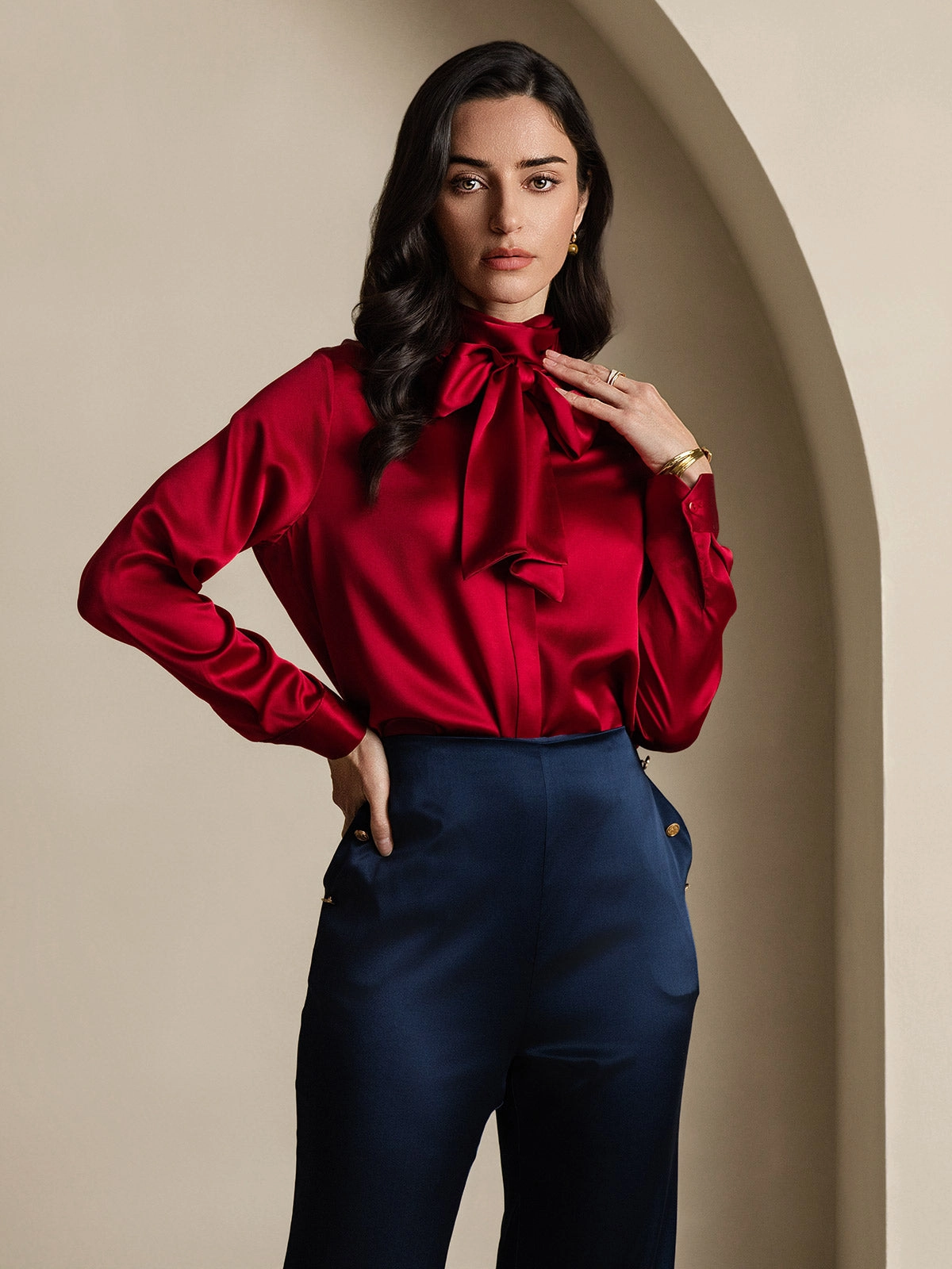 Women's 19 Momme Silk Classic Tie Neck Shirt