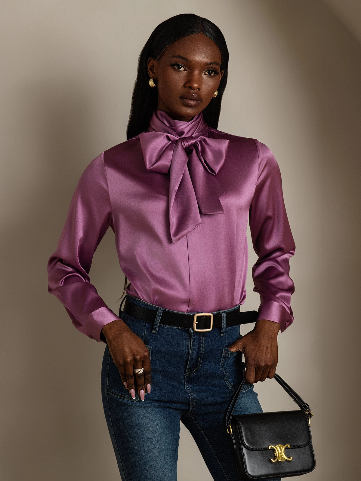Women's 19 Momme Silk Classic Tie Neck Shirt