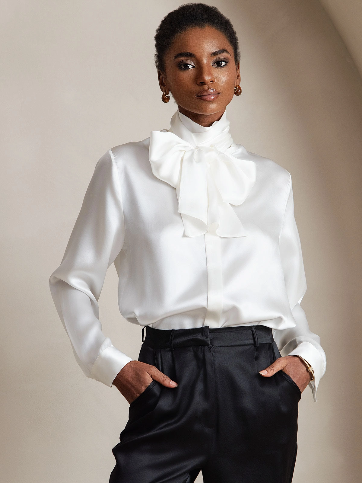 Women's 19 Momme Silk Classic Tie Neck Shirt