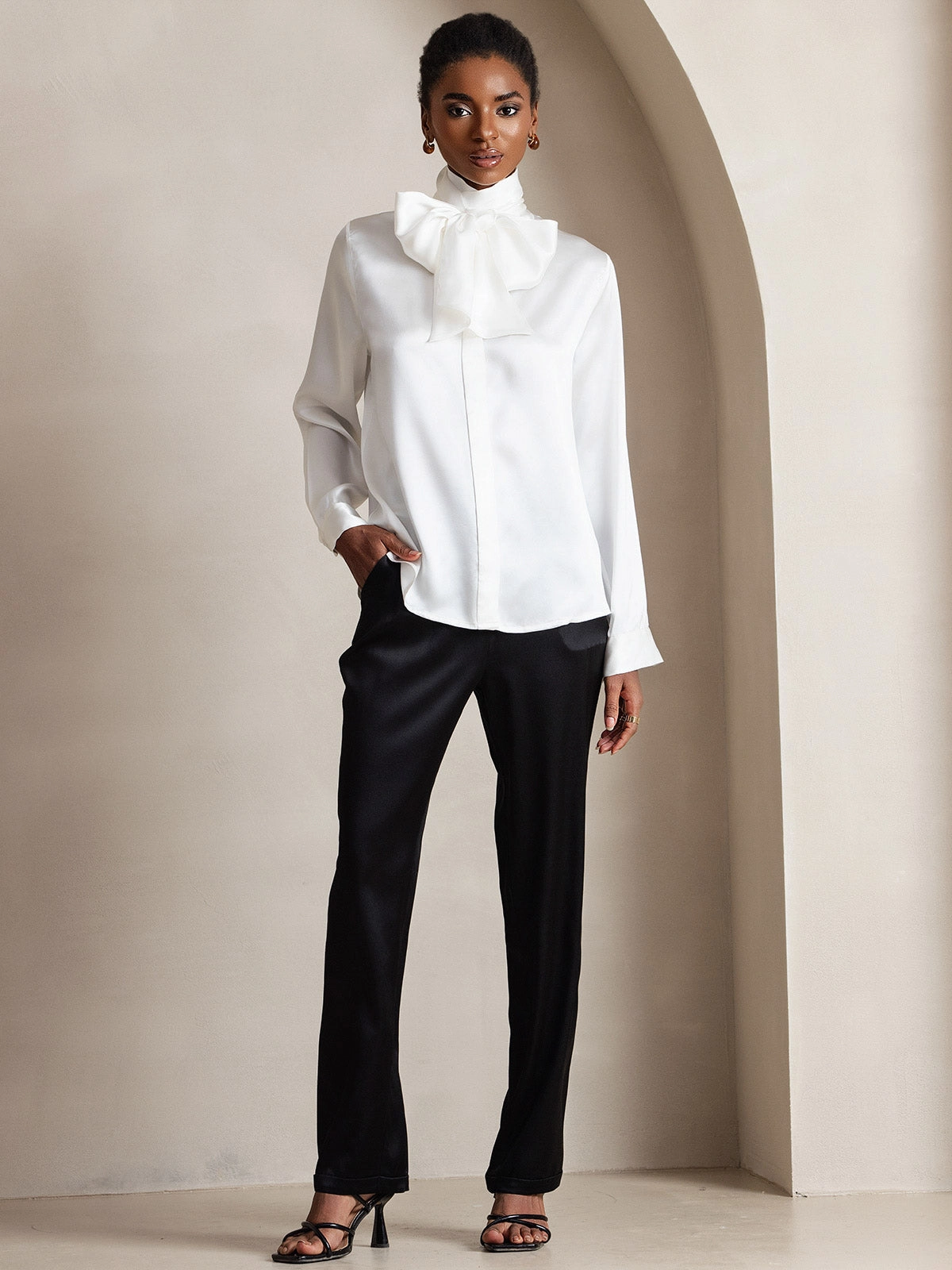 Women's 19 Momme Silk Classic Tie Neck Shirt