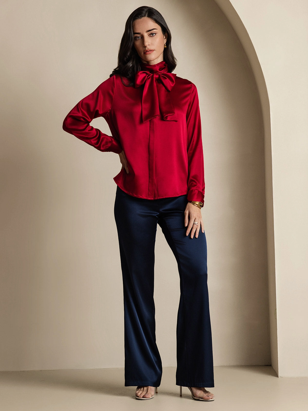 Women's 19 Momme Silk Classic Tie Neck Shirt