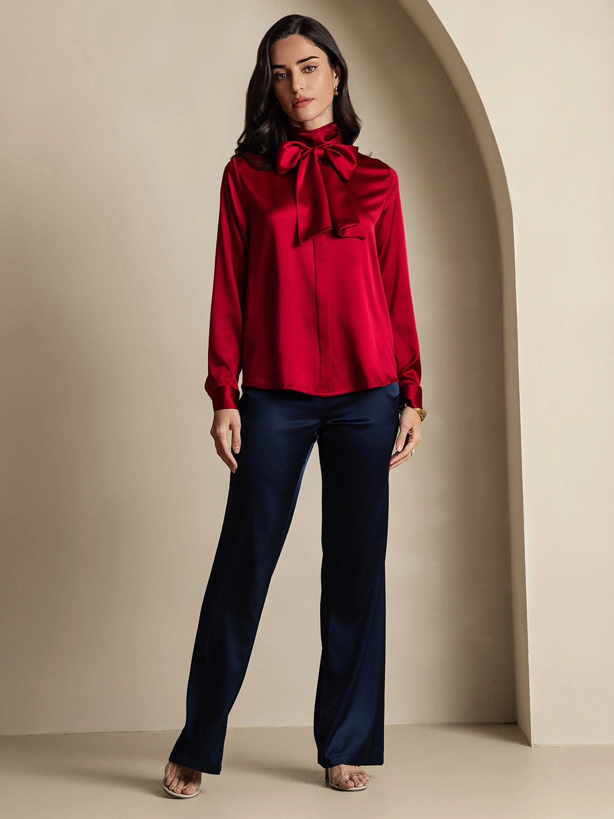 Women's 19 Momme Silk Classic Tie Neck Shirt
