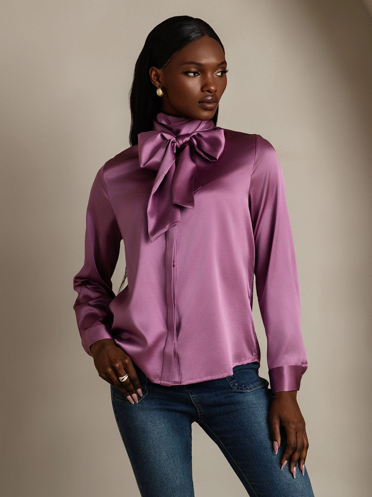 Women's 19 Momme Silk Classic Tie Neck Shirt