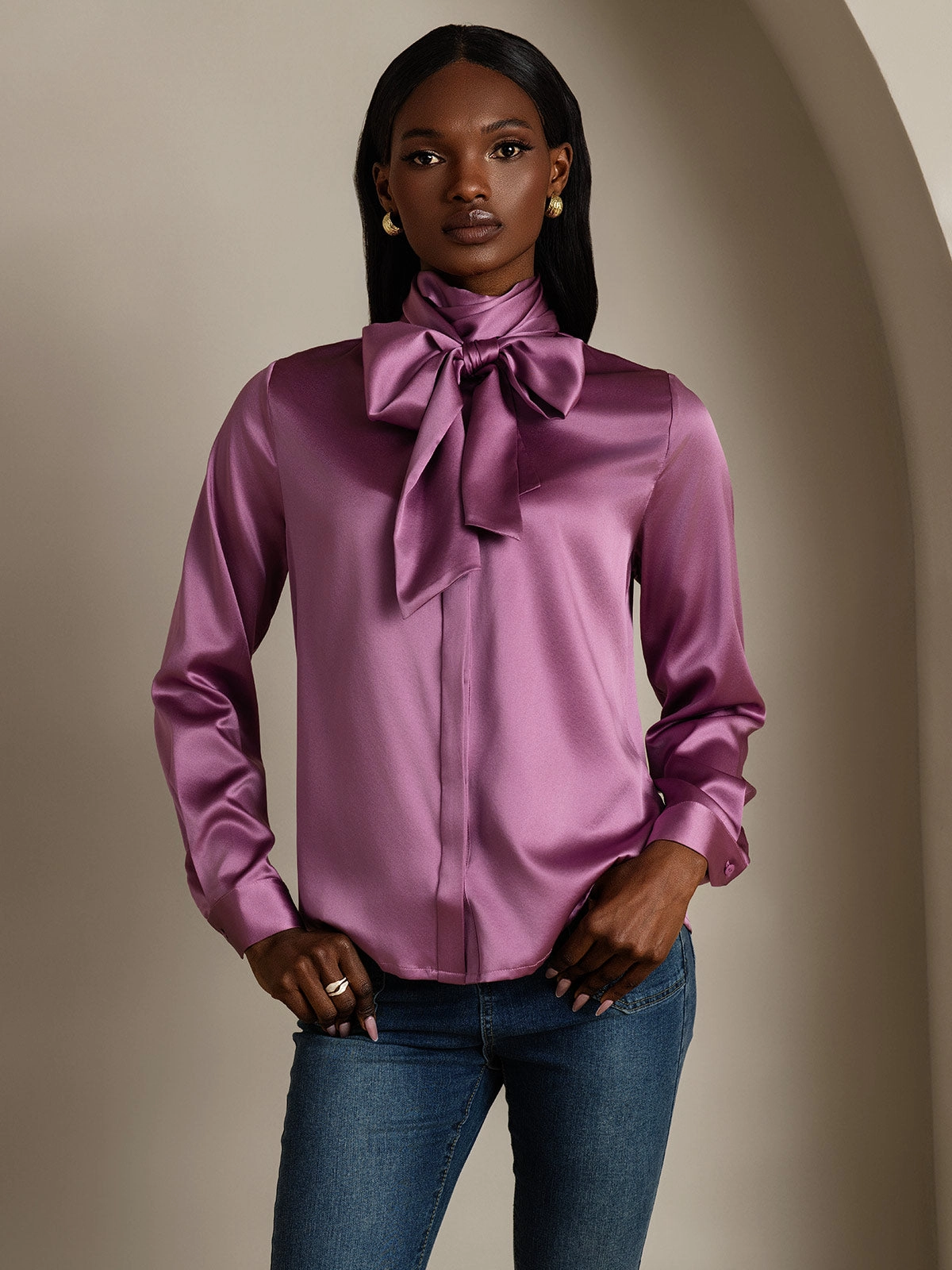 Women's 19 Momme Silk Classic Tie Neck Shirt
